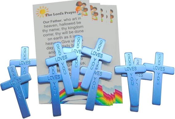 Westmon Works Pocket Cross Bulk Pack with Blue Metal Crosses and Our Father and Hail Mary Prayer Cards, Set of 10