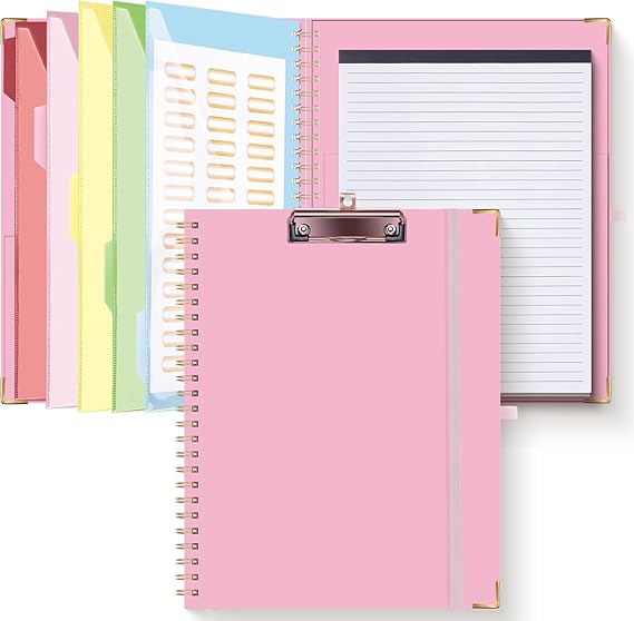 HAUTOCO Clipboard Folio with Refillable Notepad for Letter Size (11" x 8.5"), 5 Dividers with 10 Pockets, Elastic Pen Holder and File Folder Labels, Spiral Nurse Clipboard Artboard(Pink)