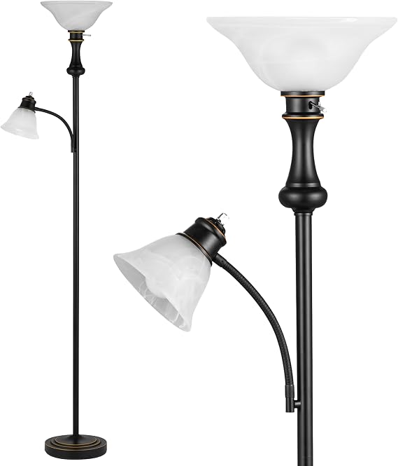Torchiere Floor Lamp with Adjustable Angle Reading Lamp-Black 71IN