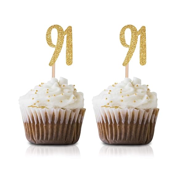 Gold Happy 91st Birthday Cupcake Topper, 24-Pack Number 91 Glitter Birthday Party Cupcake Toppers, Decorations