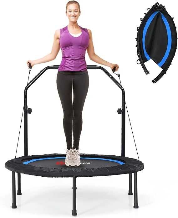 Goplus 40 Foldable Mini Trampoline, Portable Fitness Rebounder 4-Level Height Adjustable Safety Handrail, Resistance Bands, Indoor Outdoor Exercise Trampoline for Adults Kids, Max Load 330LBS