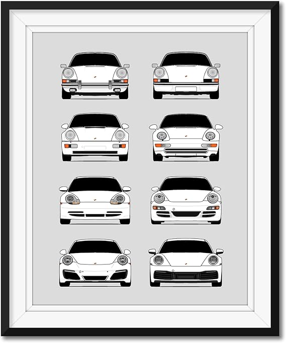 Custom Car Posters Handmade Poster compatible with Porsche 911 Generations Print of Porsche Car Models: 901, G Series, 964, 993, 996, 997, 991, 992 - White, 8x10" Metallic Print (Unframed)