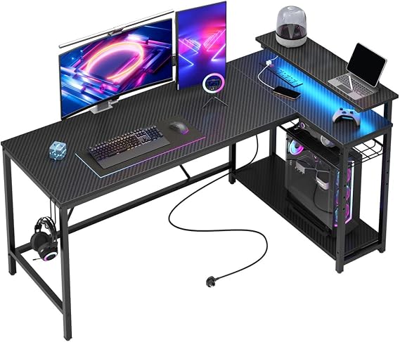 Bestier 147CM L-Shaped Gaming Desk with RGB Lights & Power Outlets, Reversible Corner PC Workstation with Storage & Hooks for Gamers or Home Office