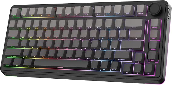 EPOMAKER EA75 75% RGB Gaming Mechanical Keyboard, 2.4GHz/Type-C/BT Creamy Wireless Keyboard with Knob, Shine Through PBT Keycaps, Hot Swappable for Gamers (Black Gradient, Graywood V3 Switch)