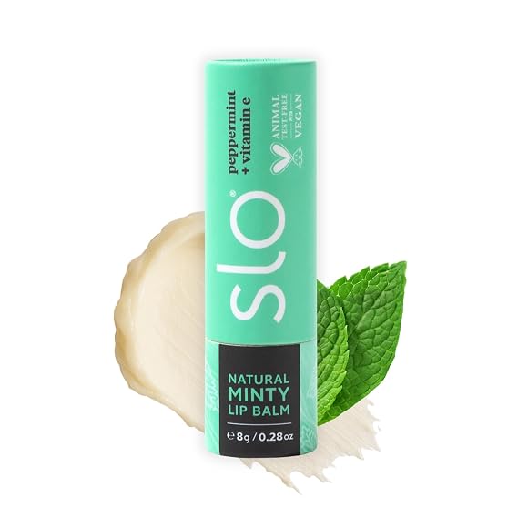 Slo Hydrating Lip Balm - All Natural Ingredients, Minty Lip Balm with Organic Jojoba, Rosehip, Cocoa Butter - Vegan, Cruelty-Free, Paper Packaging - Peppermint + Vitamin E (0.28oz/8g)