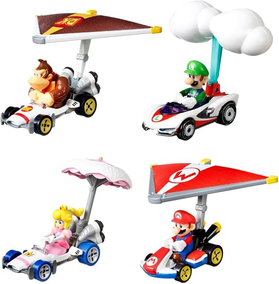 Hot Wheels Mario Kart Character Cars Collection Bundle, 4 Pack, Mario, Luigi, Donkey Kong, Princess Peach GVD30-956R