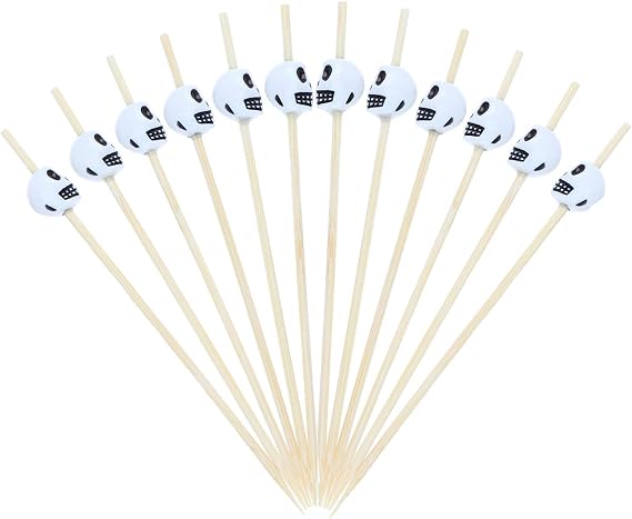 200 Pcs Natural Bamboo Skull Cocktail Picks Skull Picks Skull Toothpicks Fruit Sticks Sandwich Appetizer Skewers for Wedding Birthday Party Decorations, White
