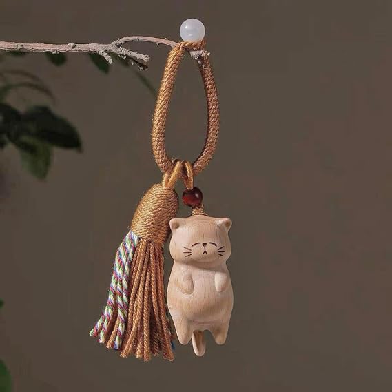 Beech Wood Lazy Cat Tassel Hanging Ornament Natural Wooden Cat Pendant for Bags, Keys Decoration Cute Animal Charm with Gift Box, Birthday for Pet Lovers