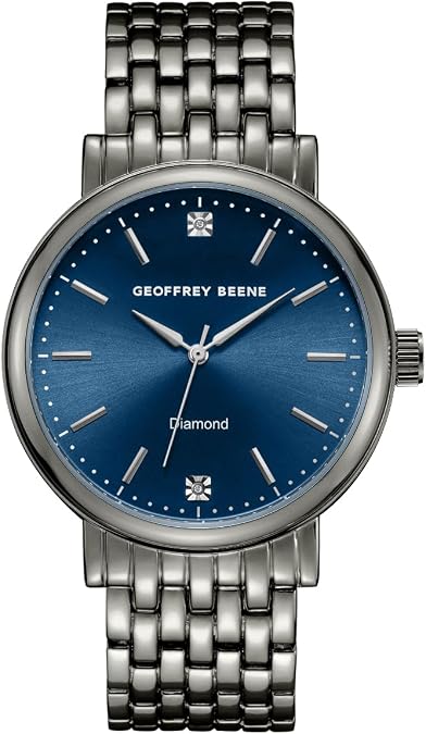 Geoffrey Beene Mens Round Gunmetal Watch 41mm Blue Sunray Dial Bracelet Diamond Accent