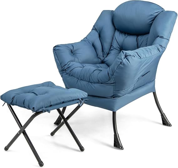 DORTALA Modern Lazy Chair with Ottoman, Single Sofa Chair w/Side Pocket and Armrests, Soft Upholstered Modern Leisure Chairs Set, Suitable for Living Room, Bedroom, Navy