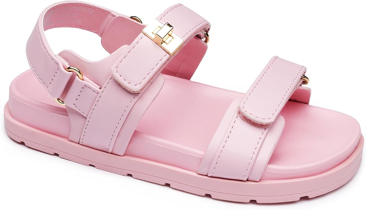 FabKids Girl's Flat Sandals Comfort Adjustable Double Strap Slip on Leather Footbed Sandals for Toddler Little Kid Big Kid