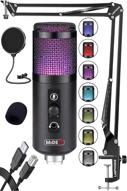 Midex V5 RGB Set USB Oyuncu ve Yayıncı Mikrofonu Condenser Stüdyo (Kayıt Gaming Tiktok Twitch Canlı yayın Discord Youtube)