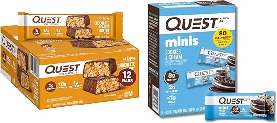 Quest Nutrition Crispy Chocolate Peanut Butter Hero Protein Bar 18g Protein 1g Sugar 3g Net Carb Gluten Free Keto Friendly 12 Count and Mini Cookies & Cream Protein Bars High Protein Low Carb Keto Friendly 14 Count