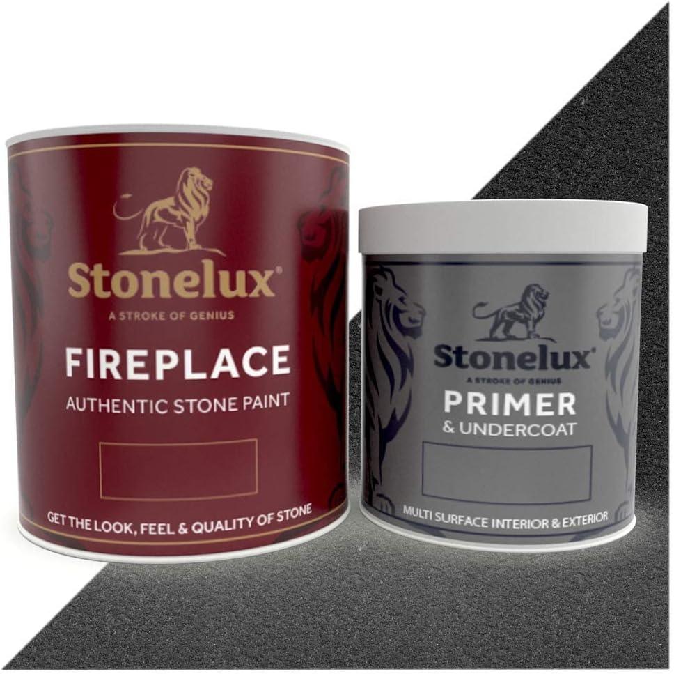 StoneLux® Fireplace Stone Coating - Stone Effect Paint - 1 litre &amp;amp; 500ml Primer Black Pearlstone