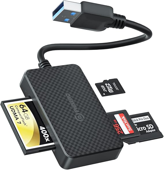 PHIXERO SD Card Reader USB A, 4 in 1 SD/CF/MS/Micro SD Adapter with 5Gbps Super Speed Memory Card Reader Compatible with Laptop, Computer with USB-A Port and More USB A Devices