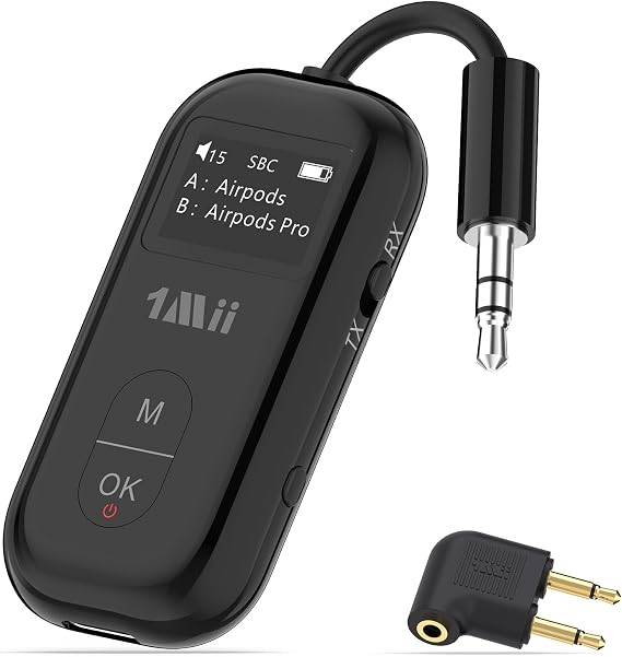 1Mii SafeFly Pro Bluetooth 5.3 Transmitter Receiver, Wireless Audio Adapter w/Screen for 2 Bluetooth Headphones, AptX LL/HD/AD, Use with Any 3.5MM Jack on Airplane, TV & iPad/Tablet
