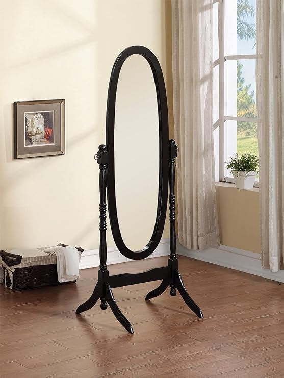 Swivel Adjustable Full-Length Oval Wood Cheval Floor Mirror in White/Black/Cherry/Oak/Silver/Gold Finish (Black)