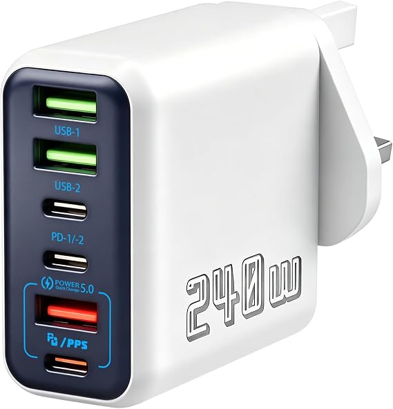 240W USB C Charging Station, 6-Port Multi USB Charger Plug for iOS Android | with 3 USB + 3 PD Ports Fast Charging for iPhone Samsung, Tablets and USB-C Devices– Super Fast USB C Multi Charger Plug UK