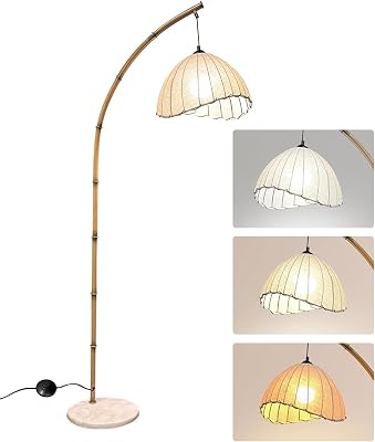 Boho Arc Bamboo Floor Lamp,Vintage Bohemia Floor Lamps with 3 Color Temperatures,Floor Light for Living Room and Bedroom Lighting Decor,Marble Base