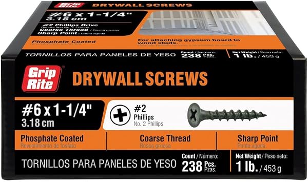 Grip-Rite Coarse Thread Drywall Screws - #2 Phillips Bugle Head - Sharp Point - for Attaching Drywall to Wood Studs - Phosphate Coated - 1 Lb Box - #6 X 1-1/4" Drywall Screws - 114CDWS1