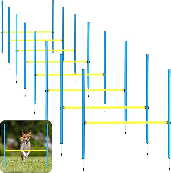 Hollowfly 8 Set Dog Agility Jump Adjustable Dog Agility Hurdle Training Equipment Portable Jumper Hurdle Park Indoor Outdoor Exercise Tool 3.44ft High/ 2.95ft Wide(Blue and Yellow)
