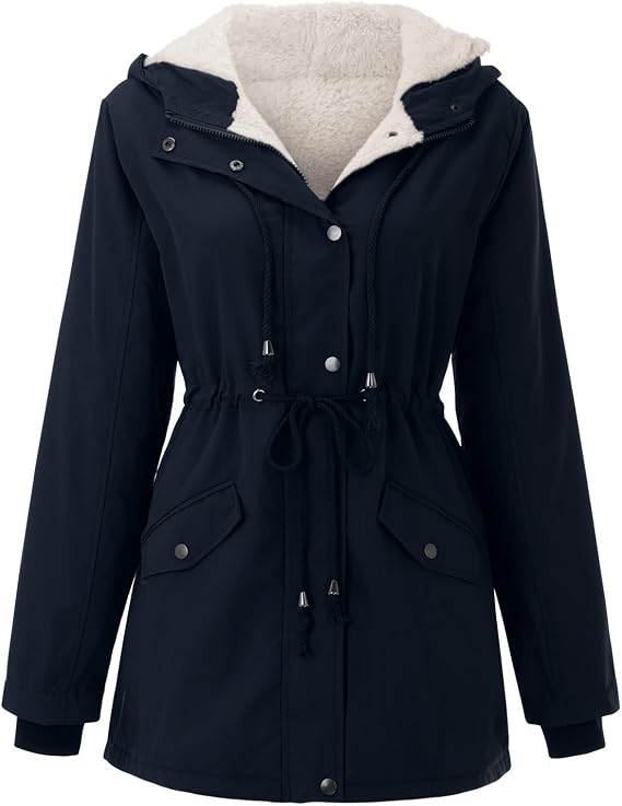 Lolvmvchi Women Fashion Drawstring Hoodie Coat Faux Plush Winter Warm Inside Padded Jacket Slim Zipper Sleeve