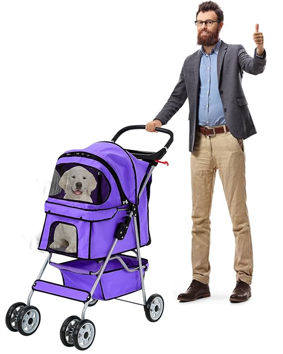 4 Wheels Pet Stroller for Dogs/Cats, Cat Dog Cage Stroller, Travel Folding Carrier with Removable Liner & Storage Basket & Cup Holder, for Small-Medium Dog, Cat - Purple