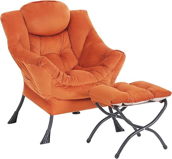 Armchair with Ottoman, Comfy Upholstered Lounge Reading Chair with Side Pocket and Armrests, Modern Bedroom Lazy Chair and Footstool Set for Living Room, Reddish Brown