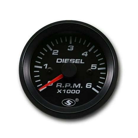 52mm 2-1/16" Universal Diesel Tachometer 6000 RPM | For Diesel Engine Alternator, Black Dial, Red Needle, Light Bulb Illumination, In Dash