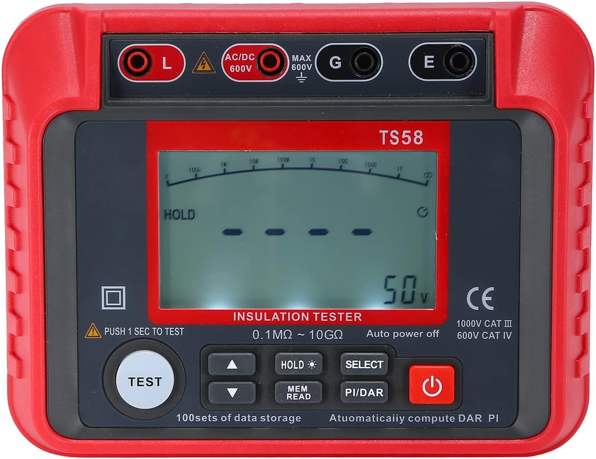 Insulation Resistance Tester, TS58 Digital Insulation Resistance Meter 0.1MΩ-10GΩ Megohmmeter, LCD Backlit Display AC DC10-600V Max 2000 Count DARPI Index Insulation Resistor Kit with Zipper