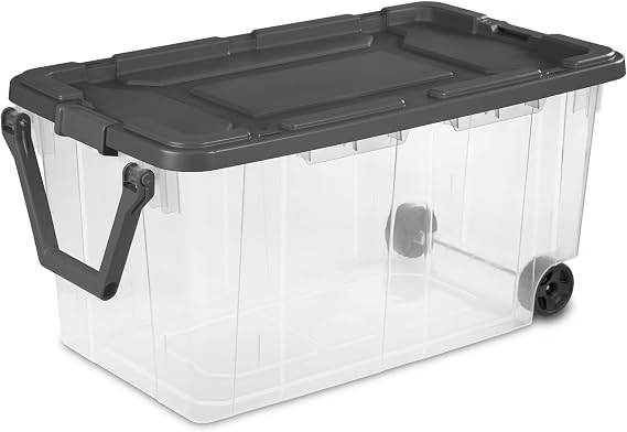 Heavy-Duty Storage Container with Wheels, 160 Quart Large Plastic Organizer Bin, Stackable Weather-Resistant Tote with Drip-Resistant Lid, 36.75 x 21.38 x 18 Inch
