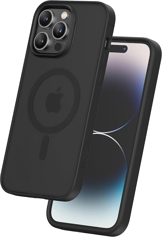 FLOLAB Surtect Tri-Fusion Magnetic for iPhone 14 Pro Phone Case Protective Slim Design Magsafe Compatible Military Grade Black Frame Black Backplate Soft-Touch - Midnight Black