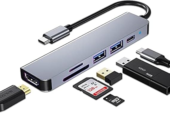 USB C HUB, USB C Adapter for Macbook Pro & Air Accessories, Multiport USB C HUB 6 in 1 with 4K HDMI, USB 3.0, SD/TF Card Reader, 100W PD, Compatible with Laptop and Other Type-C Devices