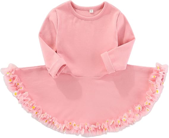 Toddler Baby Girls Solid Color A-line Tutu Dress Long Sleeve Cotton Playwear Dresses Fall Winter Outfits