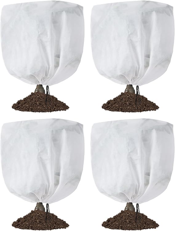 Garutom 4-Pack Plant Covers Freeze Protection 25" x 32" 2.2 oz, Frost Cloth Plants Jacket Drawstring Tree Cover for Outdoor Plants, Shrub Potted Plants Winter