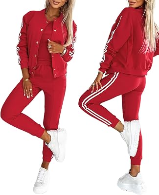 CHICME Womens Three Piece Outfits Striped Tape Patch Tank Tops Bomber Jacket with Sporty Pants Tracksuit Lounge Sets