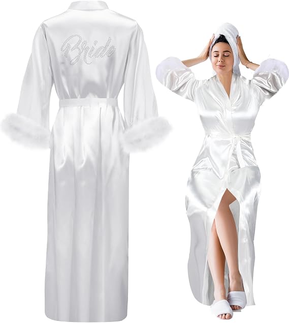 Cutecrop Bride Satin Feather Robe Women Silk Kimono Robe with Ostrich Feather Trim Bridal Sleepwear for Wedding Party