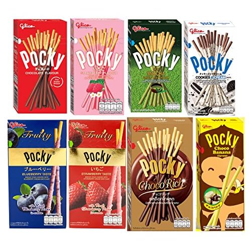 8 Flavours of Pocky - Pocky Chocolate, Strawberry, Matcha Green Tea, Cookies & Cream, Fruity Blueberry, Fruity Strawberry, Choco Rich and Choco Banana 8 Boxes