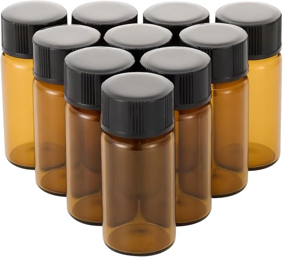 1/6 Oz Empty Brown Sample Vials Bottles, 5ml Glass Bottles with Plastics Black Screw Cap, Pack of 10