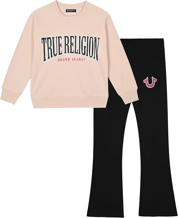 True Religion Girls 2 Piece Legging Sets Fleece Sweatshirt & Bootcut Leggings Outfit, Glitter Print Design (Sizes 4-14)