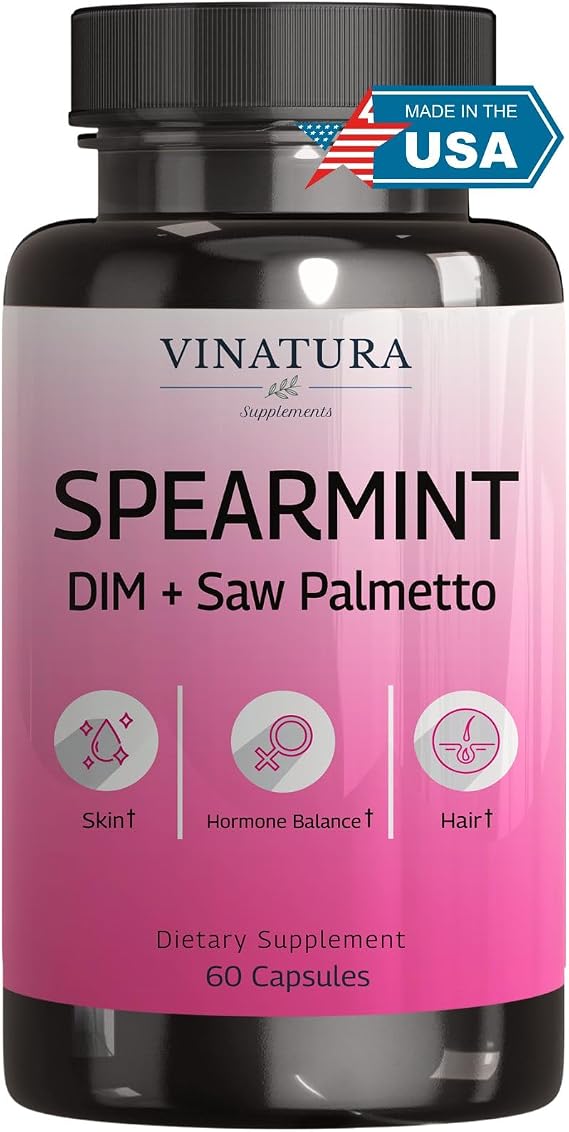 VINATURA Spearmint Capsules Supplement - Spearmint Leaf Extract Enhanced with DIM & Saw Palmetto, for Unwanted Hair, Women Health & Skin, 60 Capsules