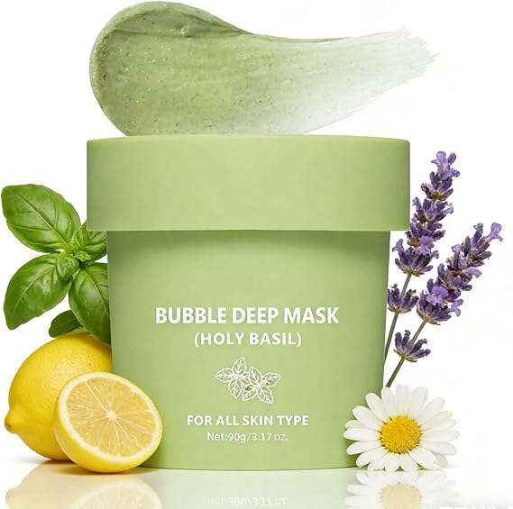 Holy Basil Bubble Deep Mask - Bubble Clay Mask, Deep Pore Cleansing Mask, Korean Blackhead Remover & Pore Minimizer, Gentle Exfoliating Face Mask for All Skin Types
