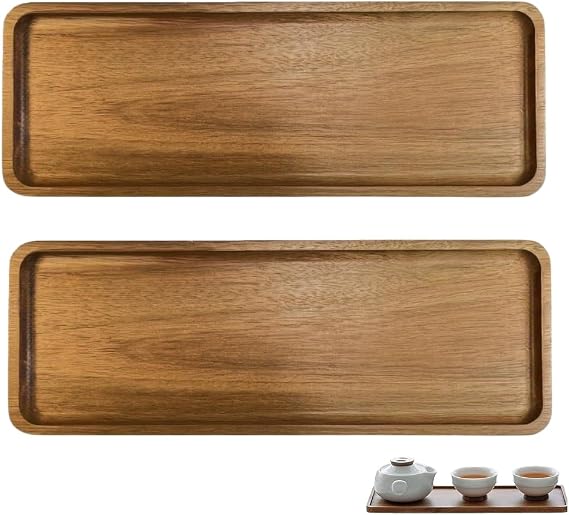 2-Pack Solid Acacia Wood Trays – 29 x 10.8 cm Rectangular Serving and Organizer Trays with Raised Edges, for Kitchen, Bathroom Vanity, Countertop Organization, and Food Display
