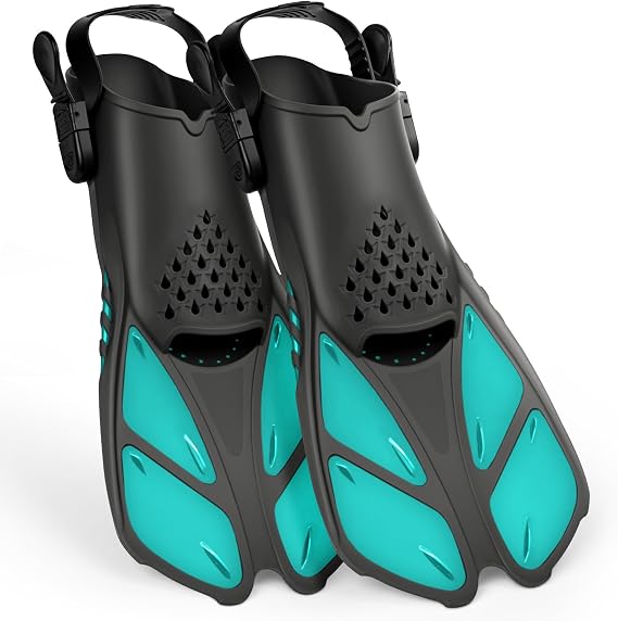 Travel Snorkel Fins, Short Adjustable Swim Flippers for Adults & Kids, Open Heel Design for Snorkeling, Diving & Swimming