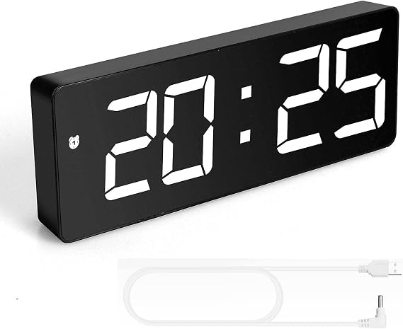 TriLine LED Digital Desk Clock, Bedside Acrylic/Mirror Large Screen Alarm Voice Control Snooze Time Date Temperature Display Night Mode (Black)
