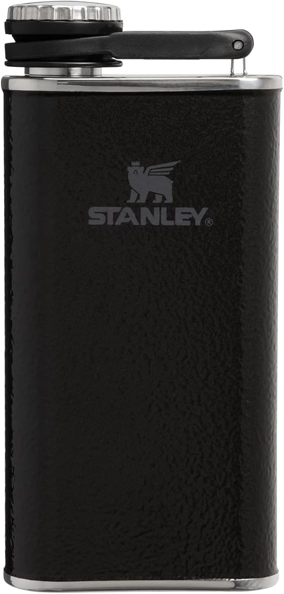 Stanley Classic Easy Fill Wide Mouth Flask 8 oz | Leakproof Hip Flask | Hinge Connected Never Lose Cap | Insulated Stainless Steel Liquor Container | BPA-Free | Hammertone Black