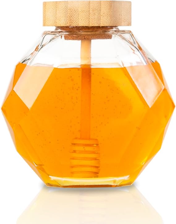 12 Ounce Glass Honey Jars with Dipper,Airtight Hexagonal Lid Glass Honey Jars,Honey Jar with Natural Wood Lid and Dipper Transparent Honey Jar and Honey Stick set with Lid TIMUR HOME KITCHEN (Cork)