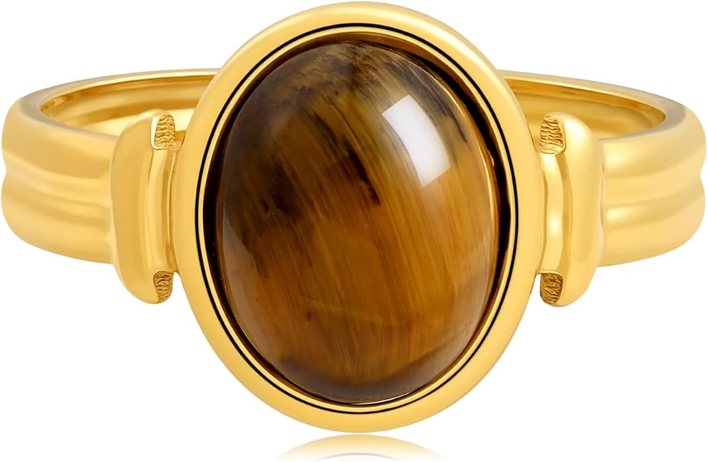 14K Gold Plated Tiger Eye Open Ring Statement Brown Stone Adjustable Rings for Women