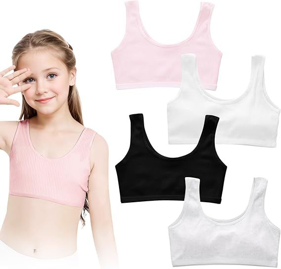 4PCS Girls Bra Soft Cotton Training Bras Crop Tops for Girls 7-12