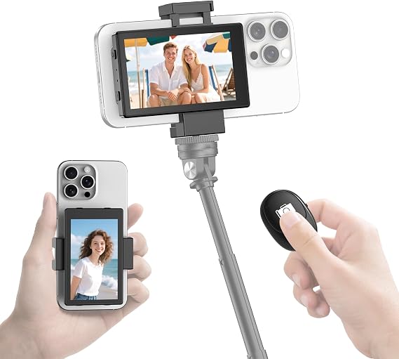 Eyoyo Vlog Selfie Monitor Screen: 4K 30fps Phone Back Camera Monitor with Magnetic Phone Clip & Wireless Bluetooth Remote for Selfie Vlog Live Stream TikTok, Compatible with iPhone/Android